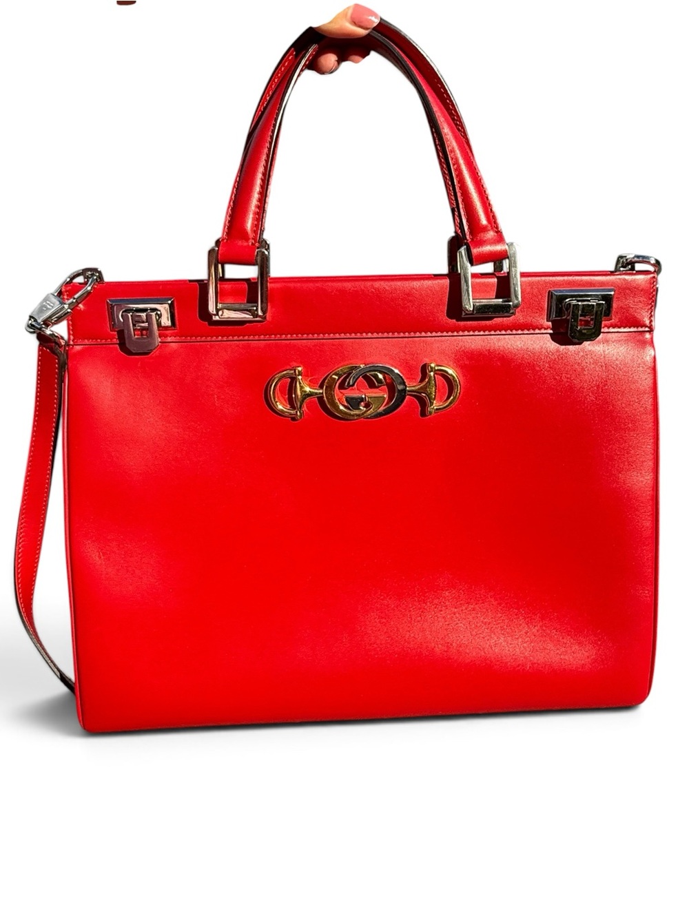 Gucci Zumi Red Leather Structured Satchel with Gold Hardware